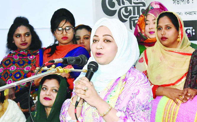 GAFARGAON (Mymensingh ) : Sharmin Golandaz Tusti, wife of AL candidate Fahmi Golandaz Babel speaking at a women gathering at Gafargaon recently.