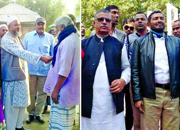 BNP's Nilphamari-3 (Jaldhaka) Constituency candidate Principal Azizul Islam seeks vote for Sheaf of Paddy symbol to voters at Chiraveja Golna (Left) and AL led Grand Alliance aspirant Major (Rtd) Rana Mohammad Sohel rush for vote for 'Plough' (Langol)