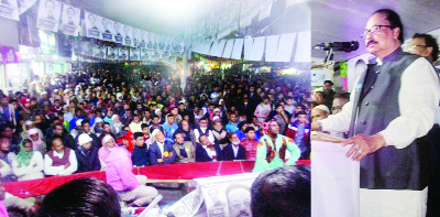 SYLHET: Awami League candidate from Sylhet-3 Seat Mahmud-us-Samad Chowdhury addressing a public meeting at Moglabazar area in the city on Thursday.