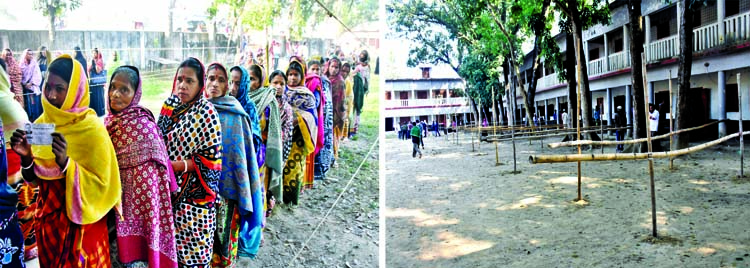 Huge participation of female voters seen at Muradnagar area in Cumilla (Left) and Muradnagar Govt Model School polling centre was voterless (Right) during election hour yesterday.