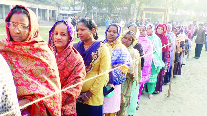 BARISHAL: A queue of female voters at Naba Adarsha Govt. Primary School Centre under Ward No 15 in Barishal City Corporation yesterday.