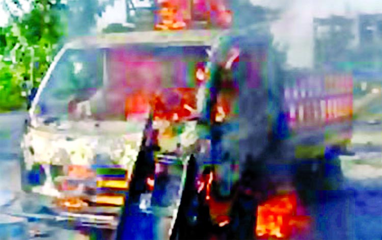 A pick-up van loaded with election materials was torched allegedly by some miscreants in front of Pandit Bazar in Begumganj upazila of Noakhali district on Sunday.