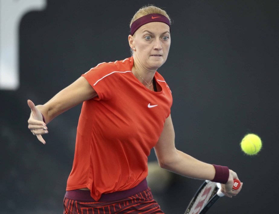 Petra Kvitova of the Czech Republic plays a shot during her match against Danielle Collins of the United States at the Brisbane International tennis tournament in Brisbane, Australia on Tuesday.