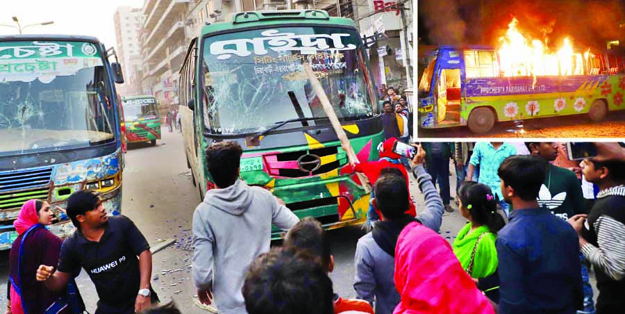 Two female RMG workers were killed as they were run by a passenger bus in city's Malibagh Chowdhurypara on Tuesday. At one stage agitated people vandalised 40 buses and torched the killer bus. Police later brought the situation under control.