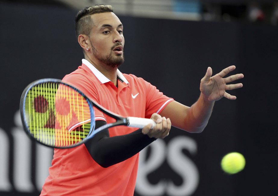 Nick Kyrgios of Australia plays a shot during his match against Jeremy Chardy of France at the Brisbane International tennis tournament in Brisbane, Australia on Wednesday.