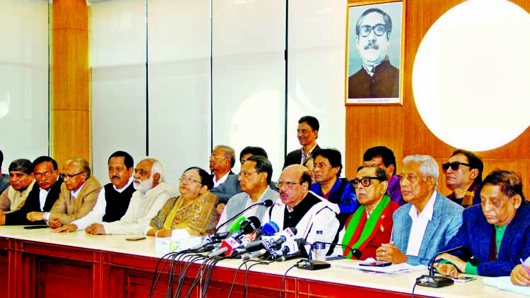 Health and Family Welfare Minister Mohammad Nasim speaking at a meeting of the 14-party alliance at the central office of Bangladesh Awami League in the city's Bangabandhu Avenue on Wednesday.