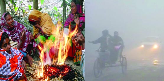 RANGPUR: Villagers trying to warm themselves by burning straws (Left) while layers of fogs affected vehicular traffic(Right)in the early morning due to sweeping bone- chilling cold wave over the northern region on Wednesday .