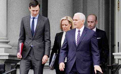 Senior White House Advisor Jared Kushner, U.S. Secretary of Homeland Security Kirstjen Nielsen, U.S. Vice President Mike Pence and Senior White House Advisor Stephen Miller walk to the West Wing before a meeting with Congressional staffers about ending th