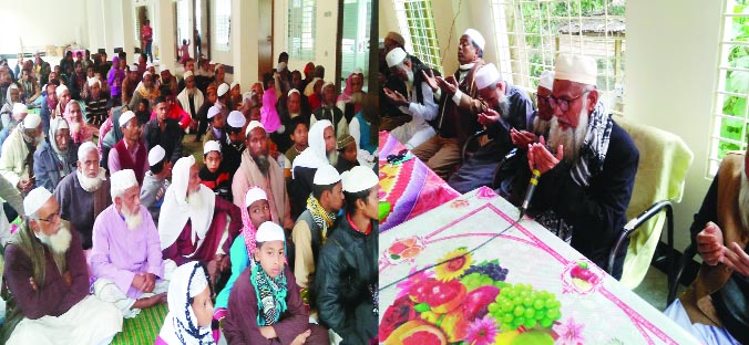 GANGACHARA(Rangpur): Pir Shaheb Shah Mohammad Ruhul Mahmud Ojayer offering Munajat at a Doa Mahfil marking the inauguration of Fatima(RA) Forqania Madrasa Boarding on Friday.