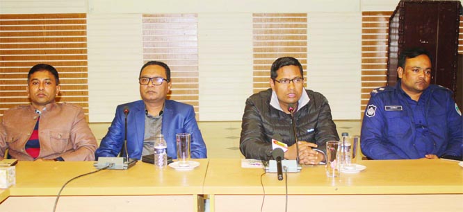 MURADNAGAR (Cumilla): Rayhan Mahbub, Assistant Commissioner(Land) speaking at a view exchange meeting on law and order situation after the Parliamentary election at Kobi Nazrul Auditorium organised by District Administration and Muradnagar and Bangara B