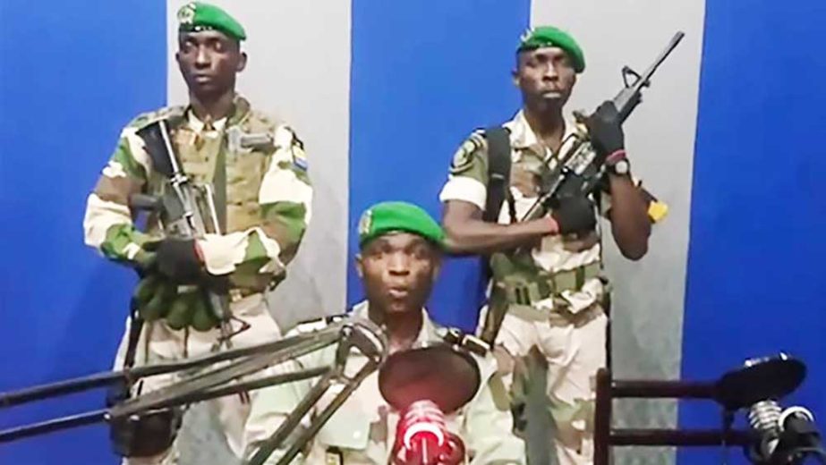 In this photo grab, Gabon soldiers call on the people to 'rise up' against President Ali Bongo
