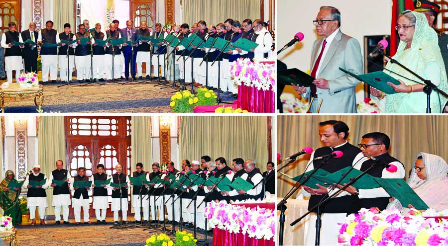 President Abdul Hamid administers the oath to Awami League President Sheikh Hasina as Prime Minister of the country along with 46 other Cabinet members at Bangabhaban on Monday. PID photo