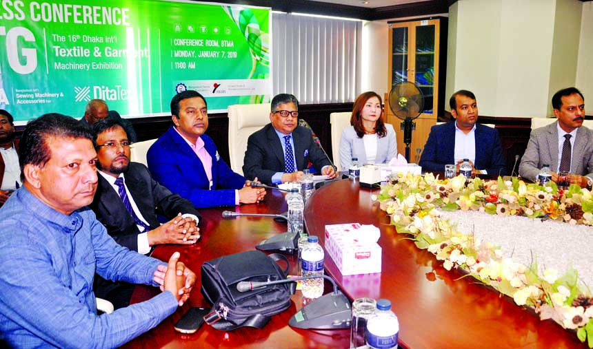 Mohammad Ali Khokon, President of Bangladesh Textile Mills Association (BTMA), addressing at a press conference marking the 16th Dhaka International Textile and Garment Machinery Exhibition (DTG), 2019 at its office in the city on Monday. Judy Wang, Presi