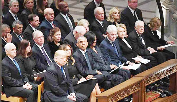 Trump and ex-Presidents Barack Obama, Bill Clinton and Jimmy Carter at funeral service for George HW Bush. AP file photo