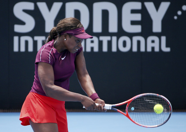 Sloane Stephens of the U.S. plays a backhand to Ekaterina Alexandrova of Russia during their women's singles match at the Sydney International tennis tournament in Sydney on Tuesday.