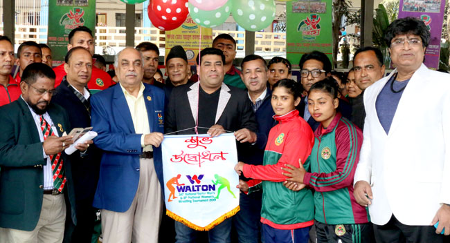 Senior Operative Director (Head of Games & Sports) of Walton Group FM Iqbal Bin Anwar Dawn inaugurating the National Wrestling (Men's & Women's) Competition by releasing the balloons as the chief guest at the Sheikh Russel Roller Skating Complex o