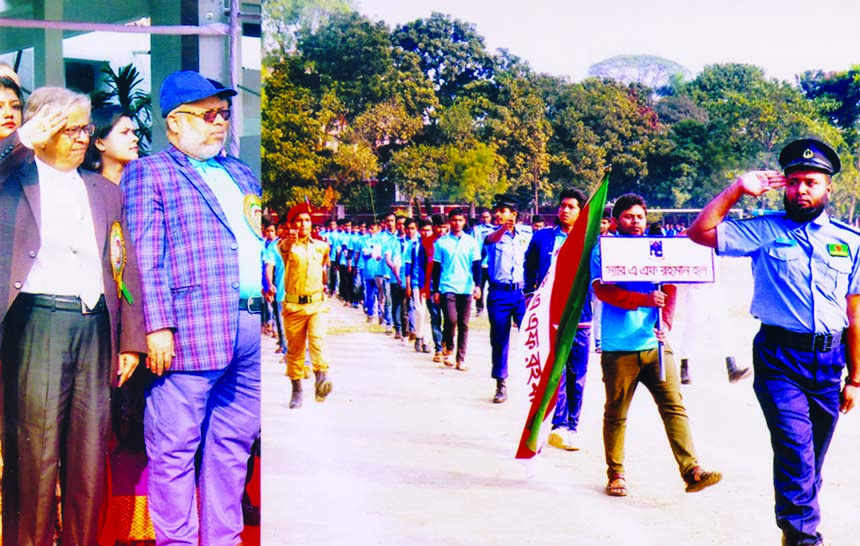 Vice-Chancellor of Dhaka University (DU) Professor Dr Md Akhtaruzzaman taking salute from the participants of the Annual Sports Competition of Sir AF Rahman Hall, at the Central Playground in DU on Wednesday.