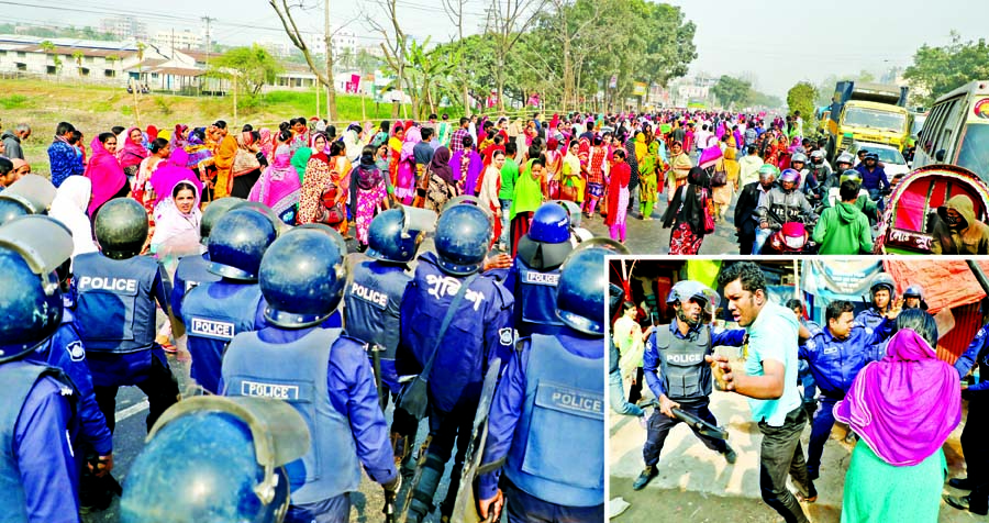 Police trying to disperse the agitated RMG workers as they blocked the street in Savar area for the 4th consecutive day on Wednesday, demanding wage hike and protesting killing of their fellow. Some workers were being picked up (inset).