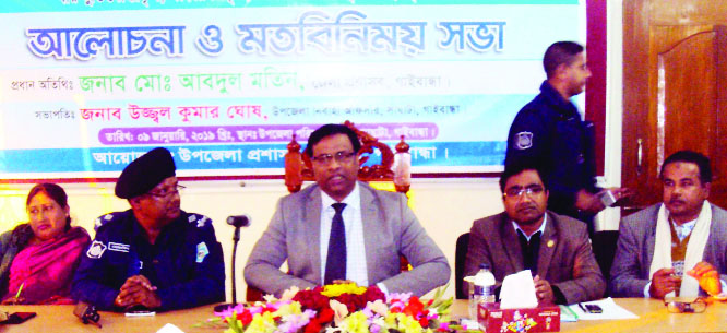SAGHATA (Gaibandha): Md Abdul Matin, DC, Gaibandha speaking at a view exchange meeting with local elite as Chief Guest at Saghata Upazila Parishad Hall Room on Wednesday.