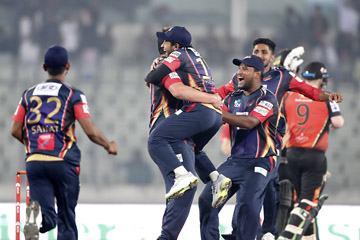 Players of Chittagong Vikings celebrating after beating Khulna Titans in the 'Super Over' of their match of the UCB 6th Bangladesh Premier League (BPL) T20 cricket at the Sher-e-Bangla National Cricket Stadium in the city's Mirpur on Saturday.