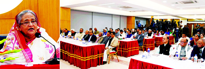 Prime Minister Sheikh Hasina speaking at a joint meeting of Awami League Advisory Council and Central Working Committee at the party's Bangabandhu Avenue Central Office on Saturday.