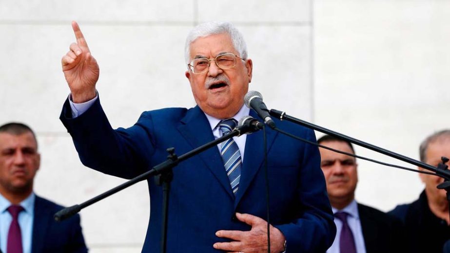 Palestinian President Mahmoud Abbas gives a speech after placing a wreath at the tomb of late Palestinian leader Yasser Arafat. Senior officials close to Mr Abbas say he is looking for other measures to punish Hamas.