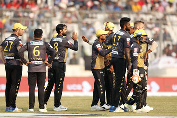 Players of Rajshahi Kings celebrating after dismissal of the wicket of Mohammad Mithun in the match of the BCB 6th Bangladesh Premier League (BPL) T20 cricket between Rajshahi Kings and Rangpur Riders at the Sher-e-Bangla National Cricket Stadium in the c