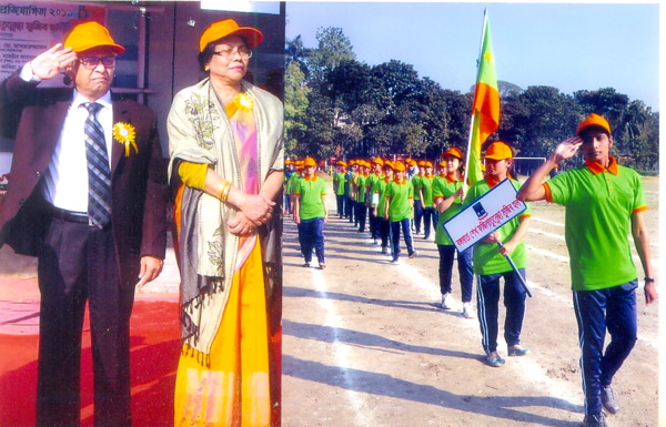 Vice-Chancellor of Dhaka University (DU) Professor Dr Md Akhtaruzzaman (left) taking salute from the participants of the Annual Sports Competition of Bangamata Begum Fazilatunnessa Mujib Hall of DU, at the Central Playground in DU on Sunday.