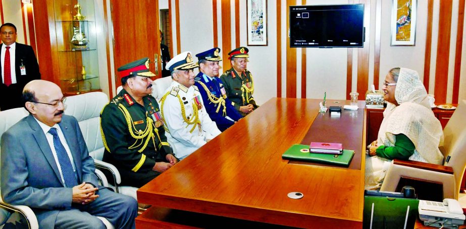 Prime Minister Sheikh Hasina on Sunday attended her first office at Armed Forces Division (AFD) after her reelection. On her arrival at the AFD, she was received by the PSO (Principal Staff Officer) and directors general of the AFD. Chief of Army Staff Ge