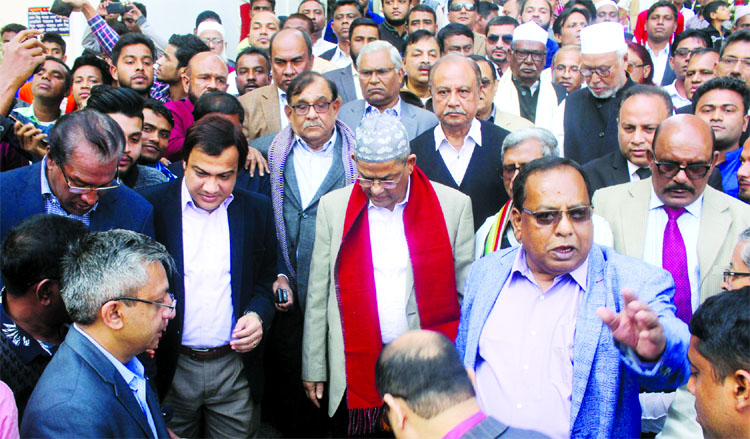 BNP Secretary General Mirza Fakhrul Islam Alamgir talking to reporters about JOF's conditional joining in talks with Prime Minister Sheikh Hasina after offering fateha at the Shrine of Hazrat Shahjalal (RA) in Sylhet on Monday. Among others, party leader