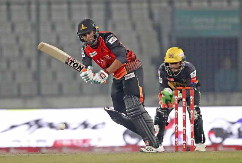 Mahmudullah Riyad of Khulna Titans plays a shot during the match of the UCB 6th Bangladesh Premier League (BPL) T20 cricket between Khulna Titans and Rajshahi Kings at Sylhet International Stadium on Tuesday.