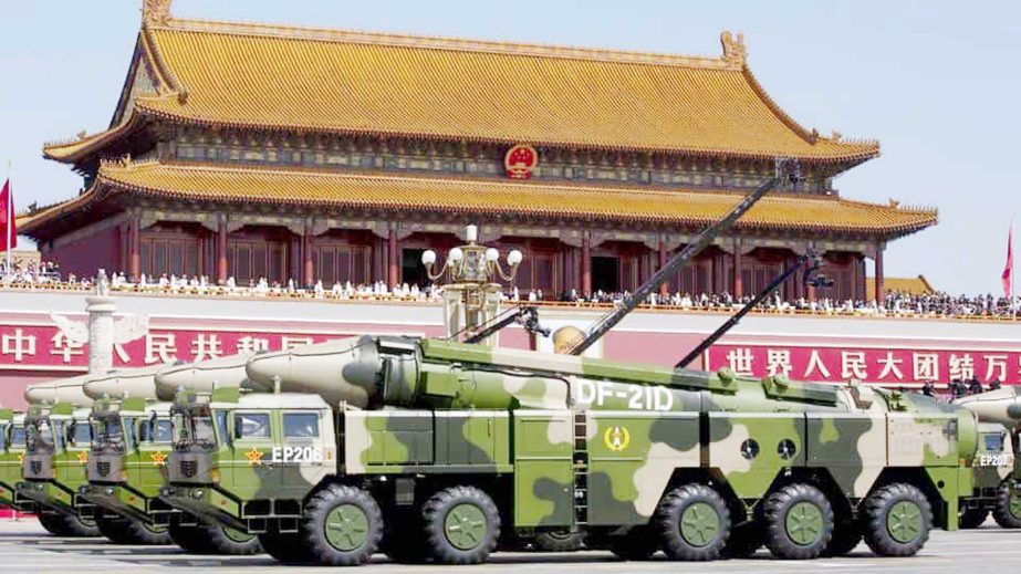 Chinese military vehicles carrying DF-21D anti-ship ballistic missiles.