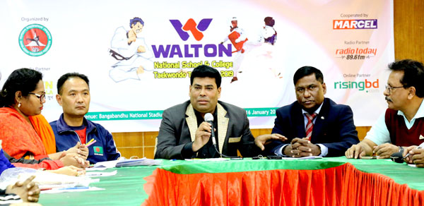 Senior Operative Director (Head of Games & Sports) of Walton Group FM Iqbal Bin Anwar Dawn speaking at a press conference at the conference room in the Bangabandhu National Stadium on Wednesday.
