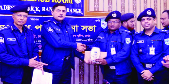 RANGPUR: Devdas Bhattacharya , Deputy Inspector General , Rangpur Range Police distributing awards among the best police personnel at the monthly law and order review meeting at Conference Room on Tuesday.