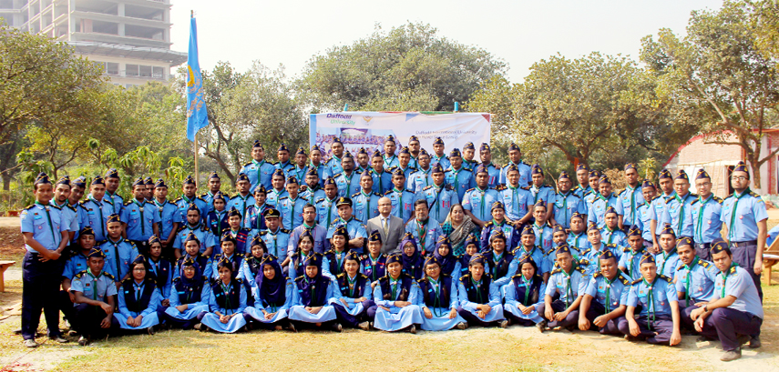 Rafiqul Islam Khan, International Commissioner of Bangladesh Scout, Dr Touhid Bhuiyan, Head, Department of Software Engineering and Md. Anowar Habib Kazal, Treasurer, DIU Air Rover Scout Group along with the newly enrolled rovers pose for photographs at t