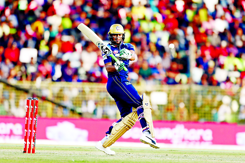 Shakib Al Hasan of Dhaka Dynamites plays a shot during the match of the UCB 6th Bangladesh Premier League (BPL) T20 cricket between Dhaka Dynamites and Sylhet Sixers at Sylhet International Cricket Stadium on Friday.