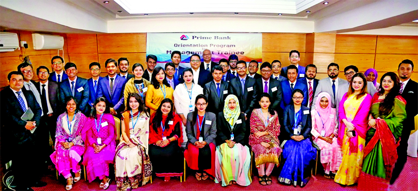 Rahel Ahmed, Managing Director of Prime Bank Limited, poses for a photograph with the participants of a two days long 'Orientation Program' for the newly recruited Management Trainee (MT) at a city hotel recently. Various divisional leaders along with t