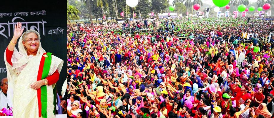 Prime Minister Sheikh Hasina greets the people in a massive victory rally for achieving absolute majority in the 11th National Parliament Election organised by Bangladesh Awami League at Suhrawardy Udyan in city on Saturday. PID photo