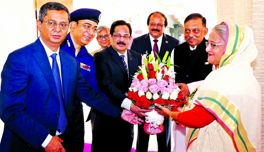 Prime Minister Sheikh Hasina being greeted by Home Minister, secretary and IGP during her visit to the Home Ministry yesterday. BSS photo