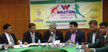 President of Bangladesh Athletics Federation SM Ali Kabir speaking at a press conference at the conference room in the Bangabandhu National Stadium on Tuesday.