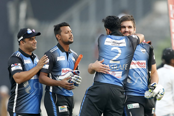 Members of Rangpur Riders celebrating after beating Khulna Titans in the 25th match of the UCB 6th Bangladesh Premier League T20 cricket at the Sher-e-Bangla National Cricket Stadium in the city's Mirpur on Tuesday.