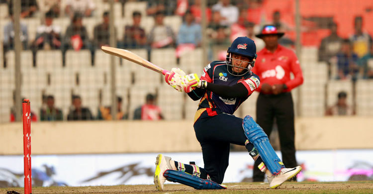 Mushfiqur Rahim of Chittagong Vikings hits a shot during the 27th match of the UCB 6th Bangladesh Premier League T20 cricket between Chittagong Vikings and Rajshahi Kings at the Sher-e-Bangla National Cricket Stadium in the city's Mirpur on Wednesday.