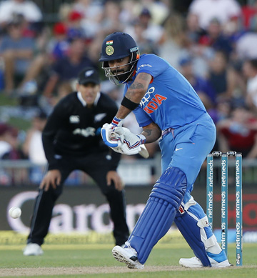 India's Virat Kohli plays forward during the one day international between New Zealand and India in Napier, New Zealand on Wednesday.