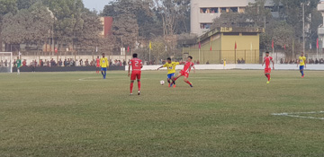 A view of the football match of Bangladesh Premier League between Bangladesh Muktijoddha Sangsad Krira Chakra and Sheikh Jamal Dhanmondi Club Limited at Sheikh Fazlul Haque Moni Stadium in Gopalganj on Wednesday. Muktijoddha Sangsad won the match 3-0.