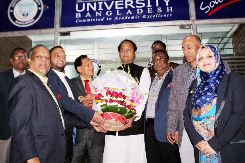 Deputy Education Minister Barrister Mohibul Hasan Chowdhury visited Southern University at Mehedibag on Monday . Chairman of Trustee Board Alhaj Khalilur Rahman and VC Prof Dr Md. Nurul Mostafa greeted him.