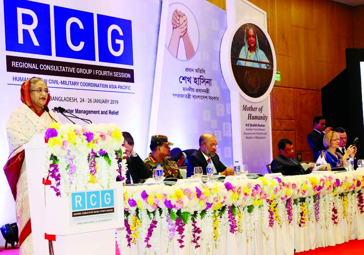 Prime Minister Sheikh Hasina speaking at the inaugural ceremony of the 4th session of the Regional Consultative Group (RCG) on Humanitarian Civil-Military Coordination for Asia and the Pacific at Hotel InterContinental in the city on Thursday. BSS photo