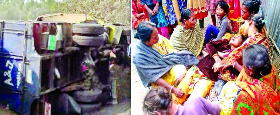 13 brick-kiln workers were killed as a coal-laden truck overturns on the labour shed of a brick field beside Dhaka-Chattogram Highway at Narayanpur in Chauddagram upazila on Friday. Relatives of victims of Jaldhaka upazila in Nilphamari (right) wailing.