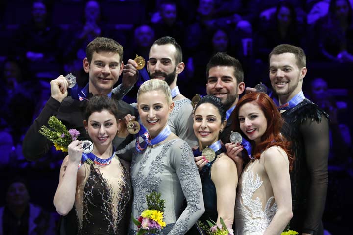 Haven Denney and Brandon Frazier (left) who finished in second place; Ashley Cain and Timothy LeDuc, pairs champions; Deanna Stellato-Dudek and Nathan Bartholomay, third place; and Tarah Kayne and Danny O'Shea (right) fourth place, pose at the U.S. Figur