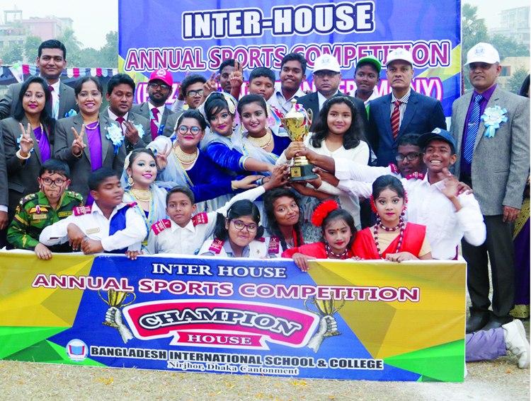 Language Martyr Abul Barkat House, the champions of the Inter-House Annual Sports Competition of Bangladesh International School & College, Nirjhor in Dhaka Cantonment with the chief guest Military Secretary of Bangladesh Army Major General Waqar-uz-Zaman