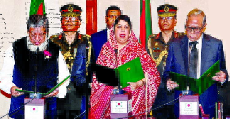 President Abdul Hamid administering oath to the newly elected Speaker and Deputy Speaker of the eleventh Parliament Dr Shirin Sharmin Chowdhury and Fazle Rabbi Mian respectively at the office of the Jatiya Sangsad Bhaban on Wednesday. BSS photo